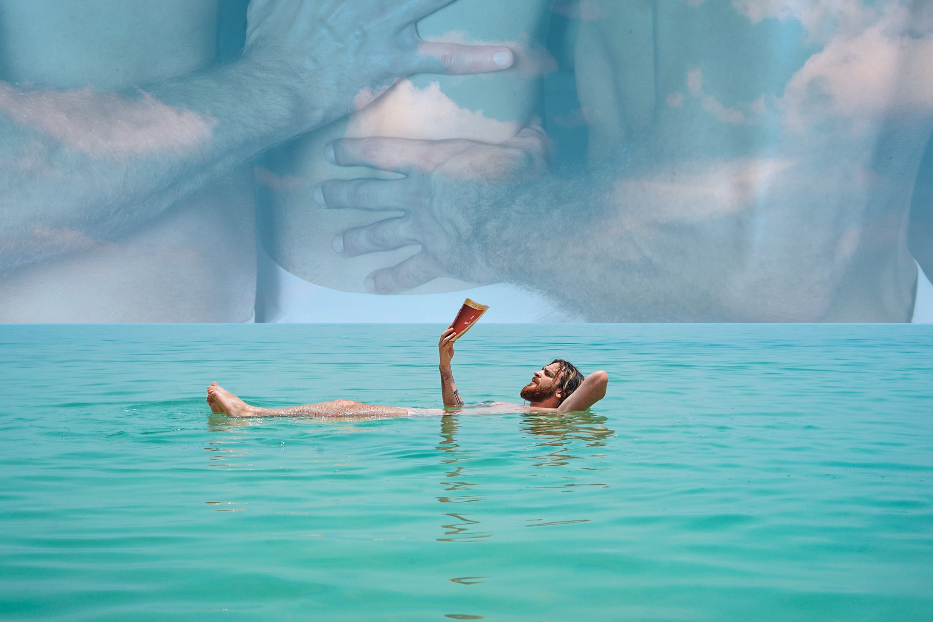 Split image of a person floating in the ocean reading a book and a close up on three men holding each other 